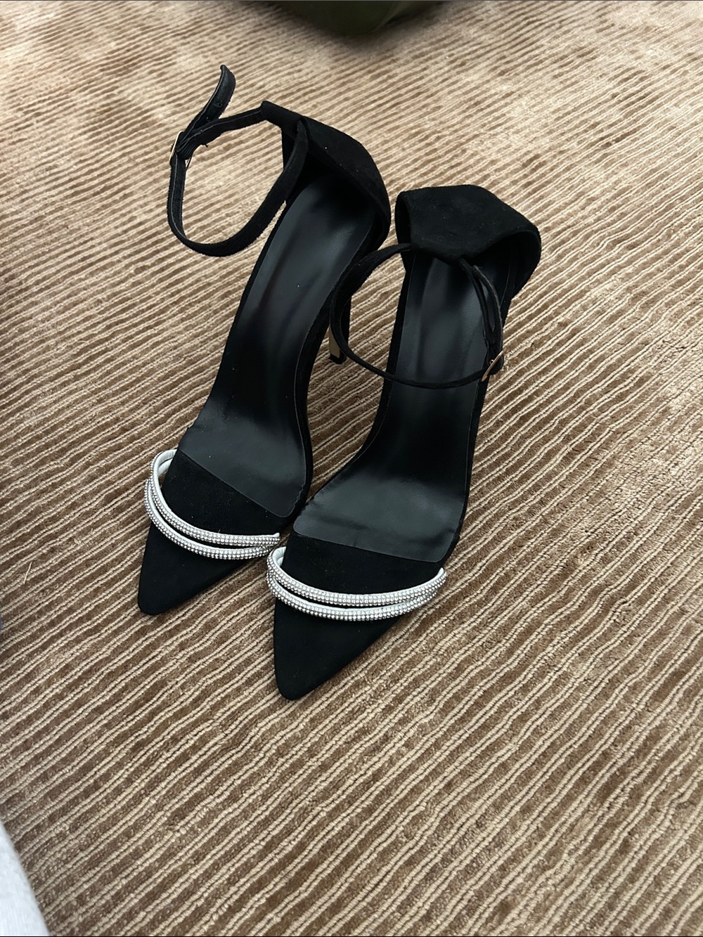 Black Ankle-Strap Pointed Toe Heels with Crystal Band size 11